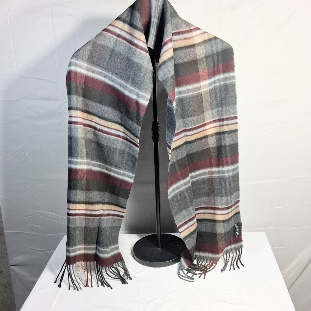 Fraas/Cashmink Buttery Soft Gray/Red/Beige Plaid Dressy 12" X 64" German Scarf